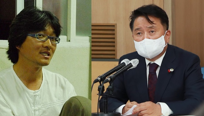 이성우 활동가가 김영환 지사에게 자켓을 벗으라고 권유했다