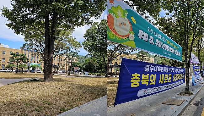 충북도청 앞 ‘현수막 담장’ 볼썽 사납다