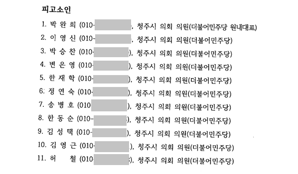 감금혐의 피고소 청주시의원 11명 중 8명 조사받았다