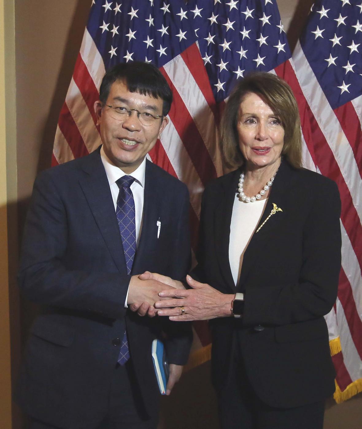 지난 2월 미국을 방문중인 김종대 정의당 의원  미국 국회의사당에서 낸시 펠로시 하원의장과 악수하고 있다./뉴시스