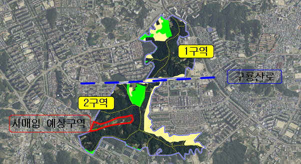 청주시가 17일 공고한 구룡공원 민간개발 사업도. 1, 2구역으로 나뉘었으며 2구역 