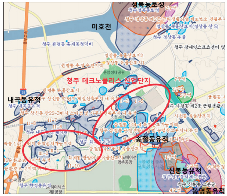  청주 테크노폴리스 산업단지 부지와 주변 매장문화재 분포양상./